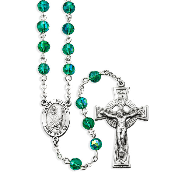 6mm Emerald Bead Rosary with Pewter Celtic Crucifix and Saint Patrick Center