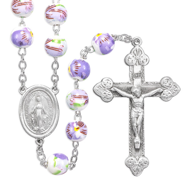 White and Lavender Glass Flower Bead New England Pewter Rosary