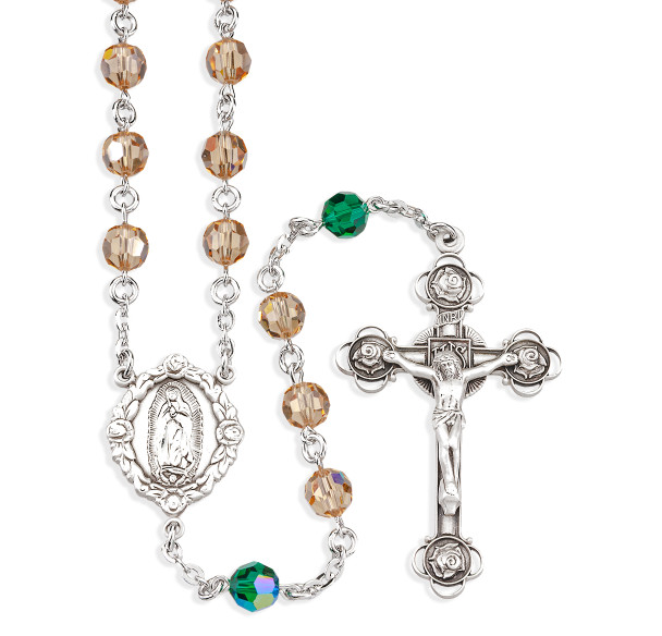 Sterling Silver OL of Guadalupe Rosary made with 6mm Finest Crystal Topaz and Emerald Beads