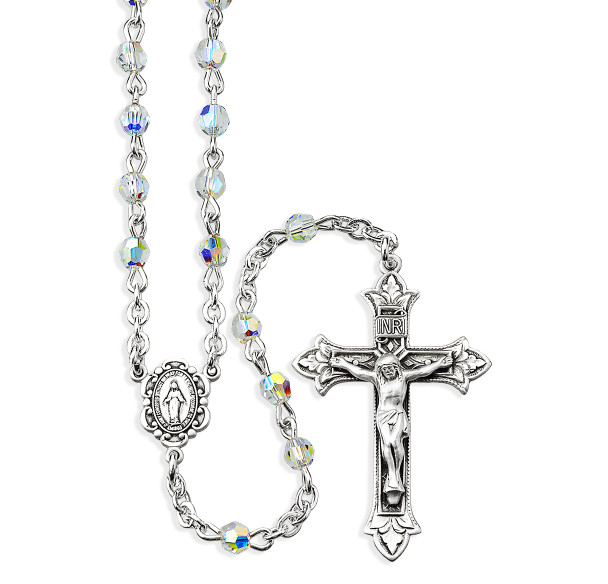 Sterling Silver Rosary Hand Made with finest Austrian Crystal 4mm Aurora Borealis Faceted Beads by HMH