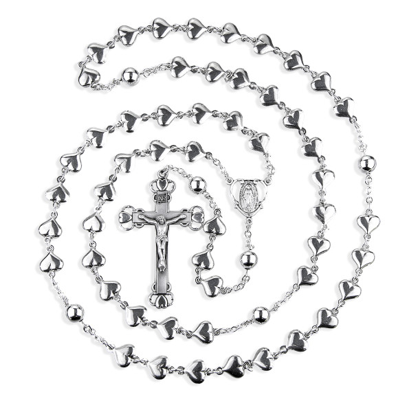 Sterling Silver Solid Heart Shape Rosary with 8mm Round Sterling Silver Bead Rosary Sterling Silver Solid Heart Shape Rosary with 8mm Round Sterling Silver Bead Rosary