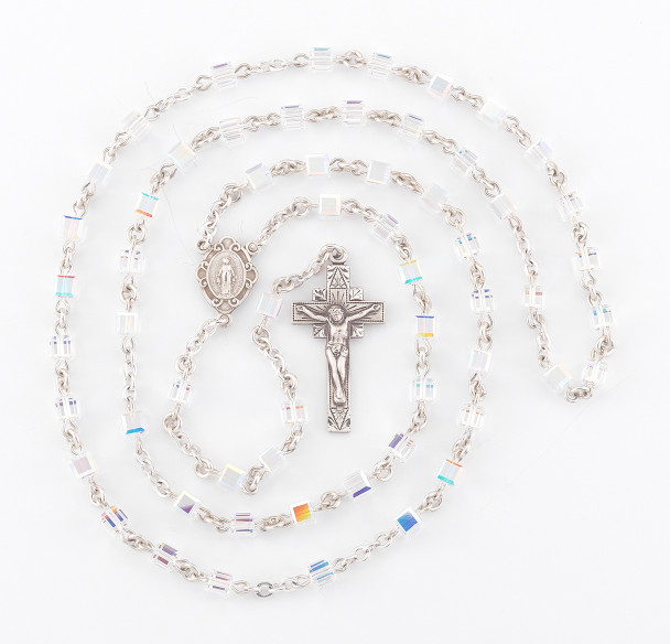 Sterling Silver Rosary handmade with finest Austrian Crystal 4mm Aurora Borealis Cube Shape Beads by HMH Sterling Silver Rosary handmade with finest Austrian Crystal 4mm Aurora Borealis Cube Shape Beads by HMH