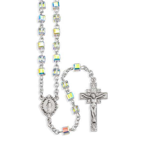Sterling Silver Rosary handmade with finest Austrian Crystal 4mm Aurora Borealis Cube Shape Beads by HMH