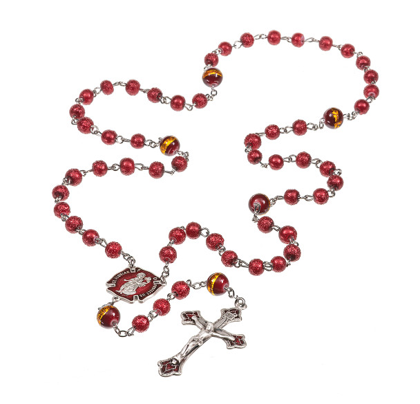 Sterling Silver Fireman St. Florian Rosary 6mm Red Lava Glass Beads Sterling Silver Fireman St. Florian Rosary 6mm Red Lava Glass Beads