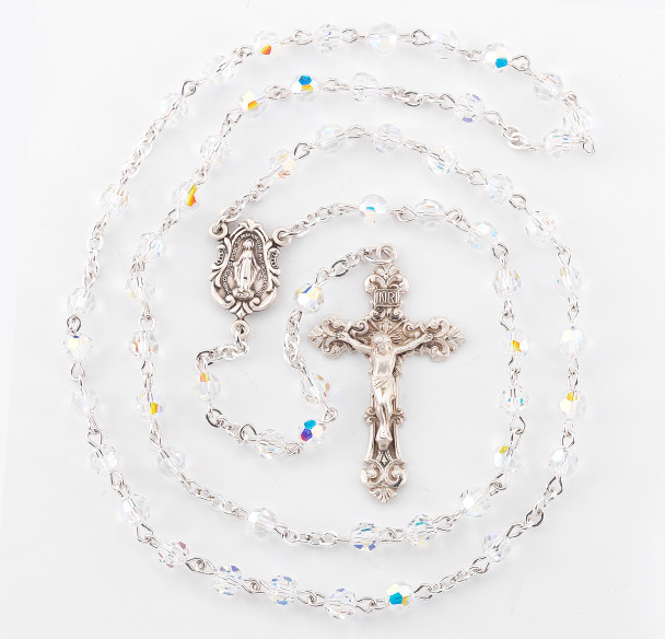 Rosary Sterling Crucifix and Centerpiece Created with finest Austrian Crystal 5mm Faceted Round Aurora Borealis Beads by HMH