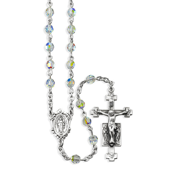 Rosary Sterling Crucifix and Centerpiece Created with finest Austrian Crystal 5mm Faceted Round Aurora Borealis Beads by HMH