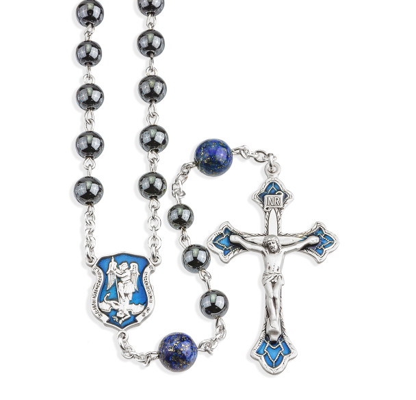 Rhodium Plated Police Rosary with 6mm Genuine Hematite Beads Rhodium Plated Police Rosary with 6mm Genuine Hematite Beads