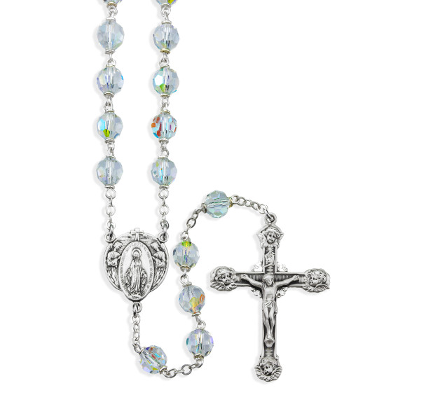 Sterling Silver Czech Rosary 7mm Tin Cut Crystal with Angel Miraculous Medal Center and Angel tipped Crucifix Sterling Silver Czech Rosary 7mm Tin Cut Crystal with Angel Miraculous Medal Center and Angel tipped Crucifix