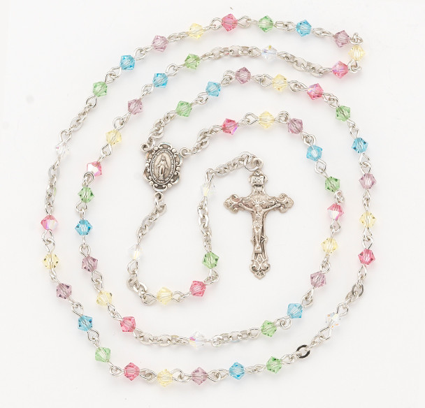 Rosary Sterling Crucifix and Centerpiece Created with finest Austrian Crystal 4mm Faceted Tin Cut Bicone Beads in Multi-Color by HMH