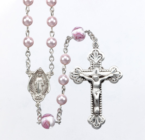 Rosary Sterling Crucifix and Centerpiece Created with finest Austrian Crystal 4mm Round Pearl Beads in Pink by HMH