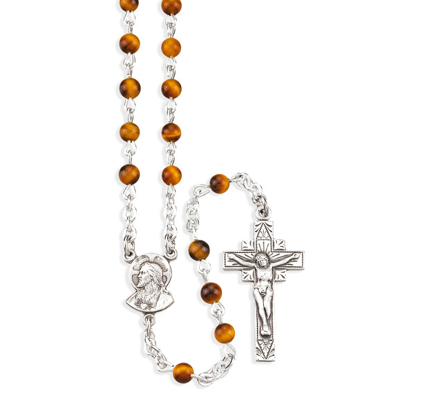 Genuine Tiger Eye Rosary Sterling Crucifix and Centerpiece Genuine Tiger Eye Rosary Sterling Crucifix and Centerpiece