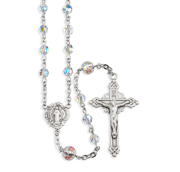 Rosary Sterling Crucifix and Centerpiece Created with finest Austrian Crystal 5mm Aurora Borealis Beads by HMH