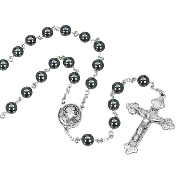 Round Genuine Hematite Rosary Sterling Crucifix and Centerpiece Round Genuine Hematite Rosary Sterling Crucifix and Centerpiece