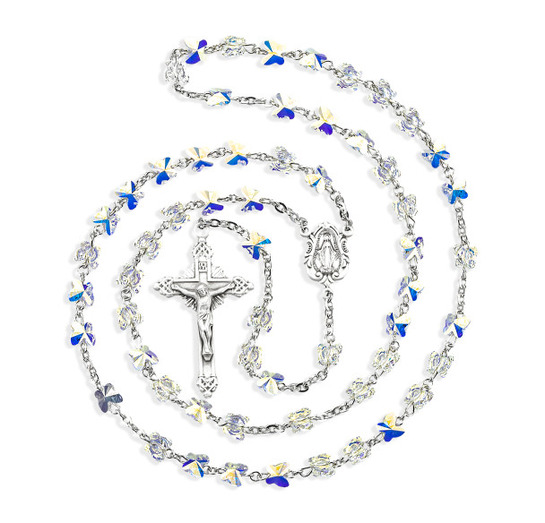 Rosary Sterling Crucifix and Centerpiece Created with finest Austrian Crystal 6mm Butterfly Beads in Aurora Borealis by HMH Rosary Sterling Crucifix and Centerpiece Created with finest Austrian Crystal 6mm Butterfly Beads in Aurora Borealis by HMH