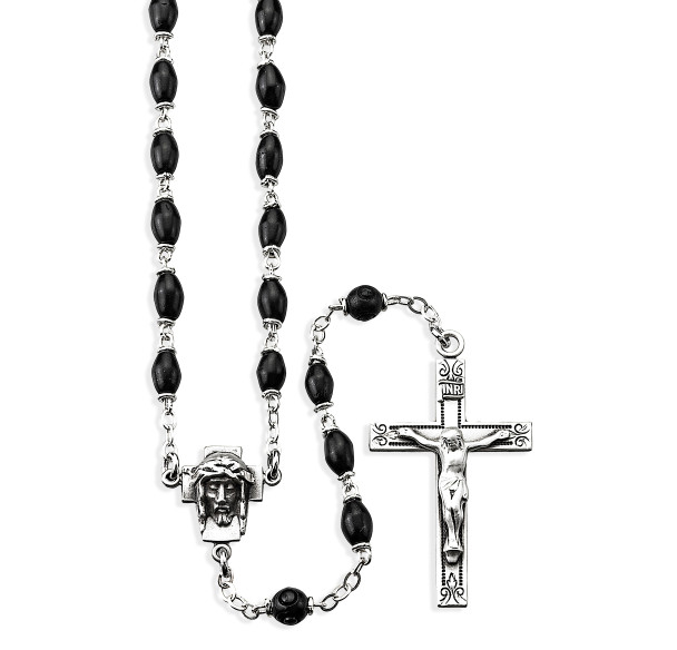 Black Oval Cocoa Bead Rosary Sterling Crucifix and Centerpiece Black Oval Cocoa Bead Rosary Sterling Crucifix and Centerpiece