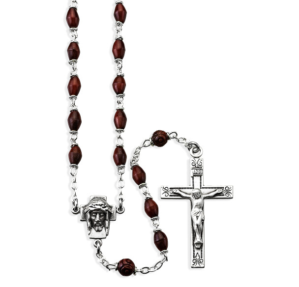 Maroon Oval Cocoa Bead Confirmation Rosary Sterling Crucifix and Centerpiece