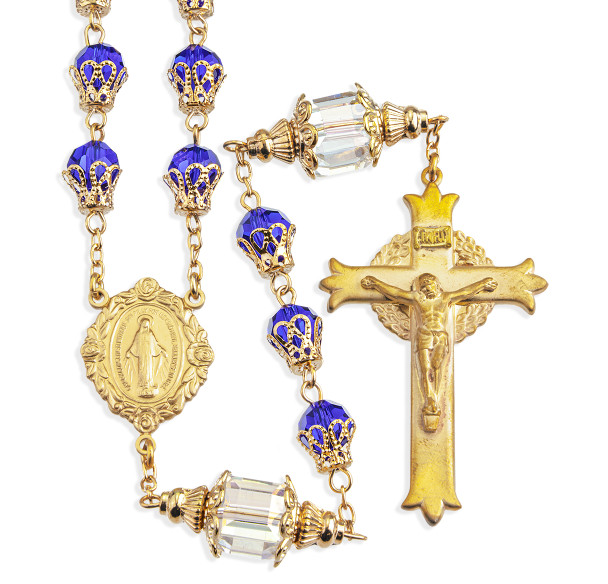 8mm Cobalt Blue Faceted Glass Bead Rosary with 12mm  Double Capped O.F. Beads a Solid Brass Crucifix and Center