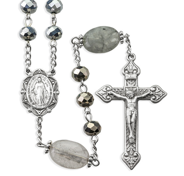 8mm Silver Vitriol Glass Beads with 20x12mm Oblong Smoke Glass O.F. Beads, Pewter Crucifix and Center 8mm Silver Vitriol Glass Beads with 20x12mm Oblong Smoke Glass O.F. Beads, Pewter Crucifix and Center