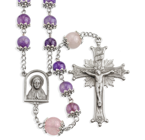 8mm Light Amethyst Gemstone Bead Rosary with Genuine Pewter Crucifix and Centerpiece