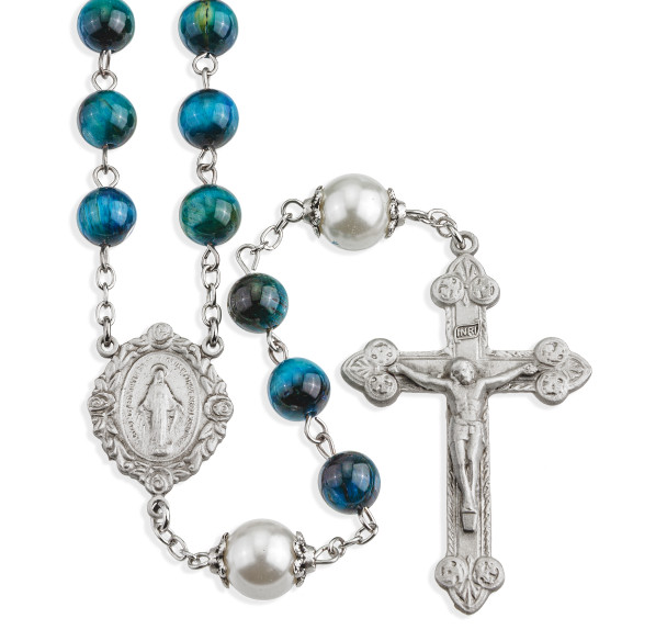 8mm Turquoise Dyed Tigereye Gemstone and Bead Rosary made with Genuine Pewter Crucifix and Centerpiece