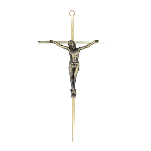 Antique Brass Finish Slim Line Crucifix with Bronze Corpus - 10 inches