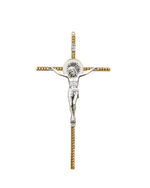 Brass Hammered Crucifix with Silver Metal Corpus Elegant 10 inch
