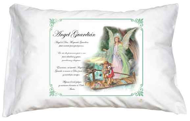 Guardian Angel Green Border Pillow Case - Spanish Prayer