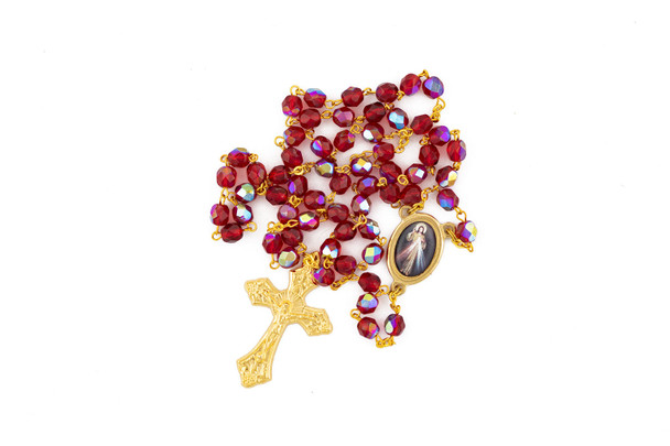 Divine Mercy Red and Gold Rosary with Lapel Pin