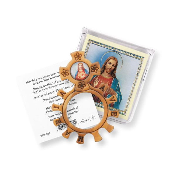 Olive Wood Sacred Heart Rosary Ring with Prayer Card