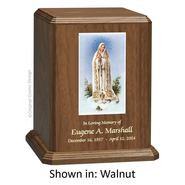 Our Lady of Fatima Walnut Wood Urn 