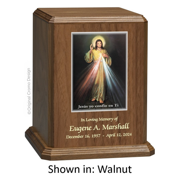 Divine Mercy Spanish Walnut Wood Urn  Divine Mercy Spanish Walnut Wood Urn