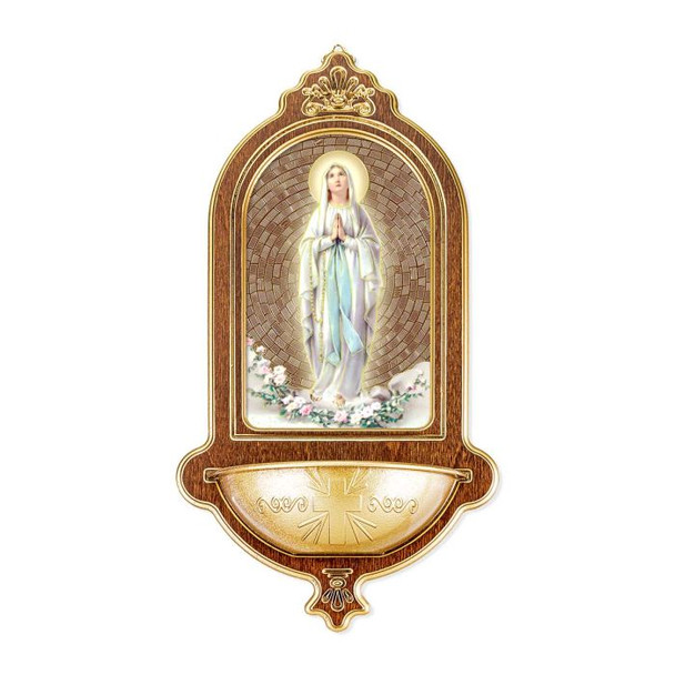 Our Lady of Lourdes Wooden Gold Foil Mosaic Water Font. Our Lady of Lourdes Wooden Gold Foil Mosaic Water Font.