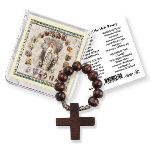 Dark Brown Wood Cross Rosary Ring with Prayer Card