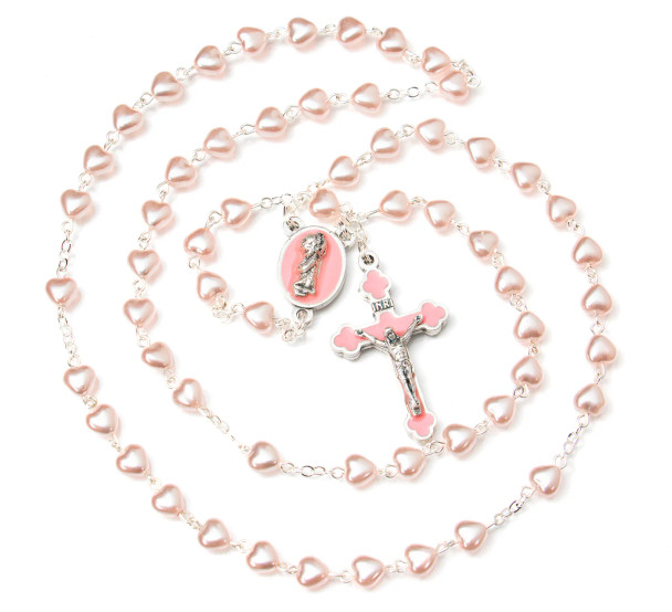 Pink Heart Bead Girls Rosary