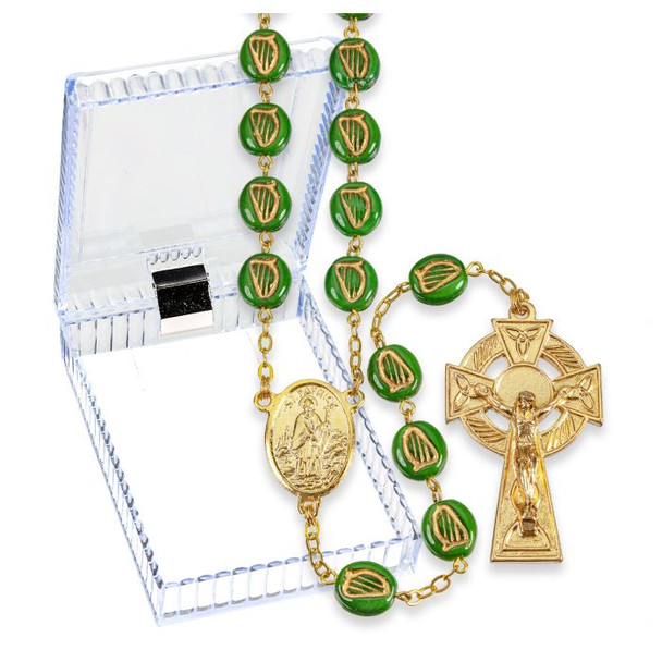 Green Flat Irish Harp Bead Rosary