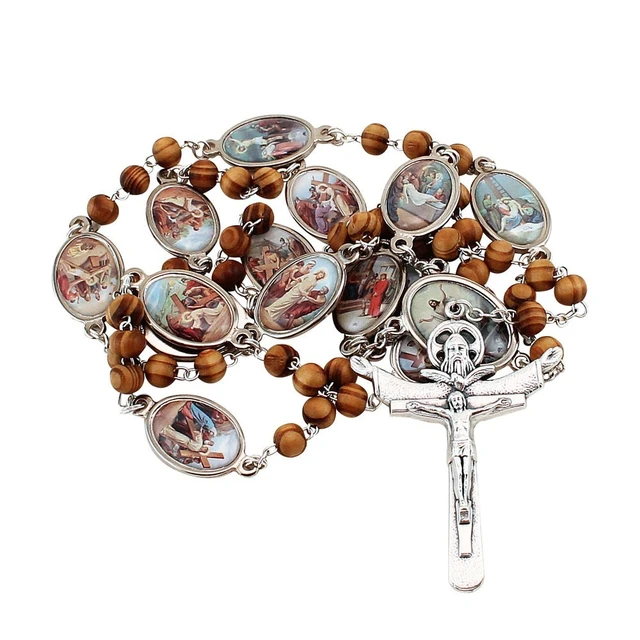 Olive wood Stations of the Cross rosary with illustrated oval medals and Holy Trinity crucifix
