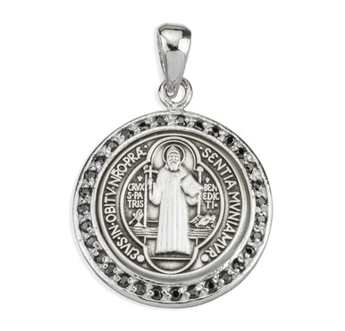 Saint Benedict Round Sterling Silver Medal with Black Cubic Zirconia's ...