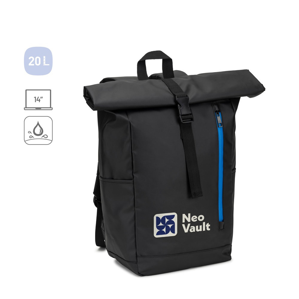 OSASCO BPACK. Σακίδιο πλάτης με σύστημα φερμουάρ που επιτρέπει την αναδίπλωση της κορυφής ώστε να προσαρμόζεται στον όγκο του σακιδίου, κατασκευασμένο από ανακυκλωμένο πολυεστέρα 600D