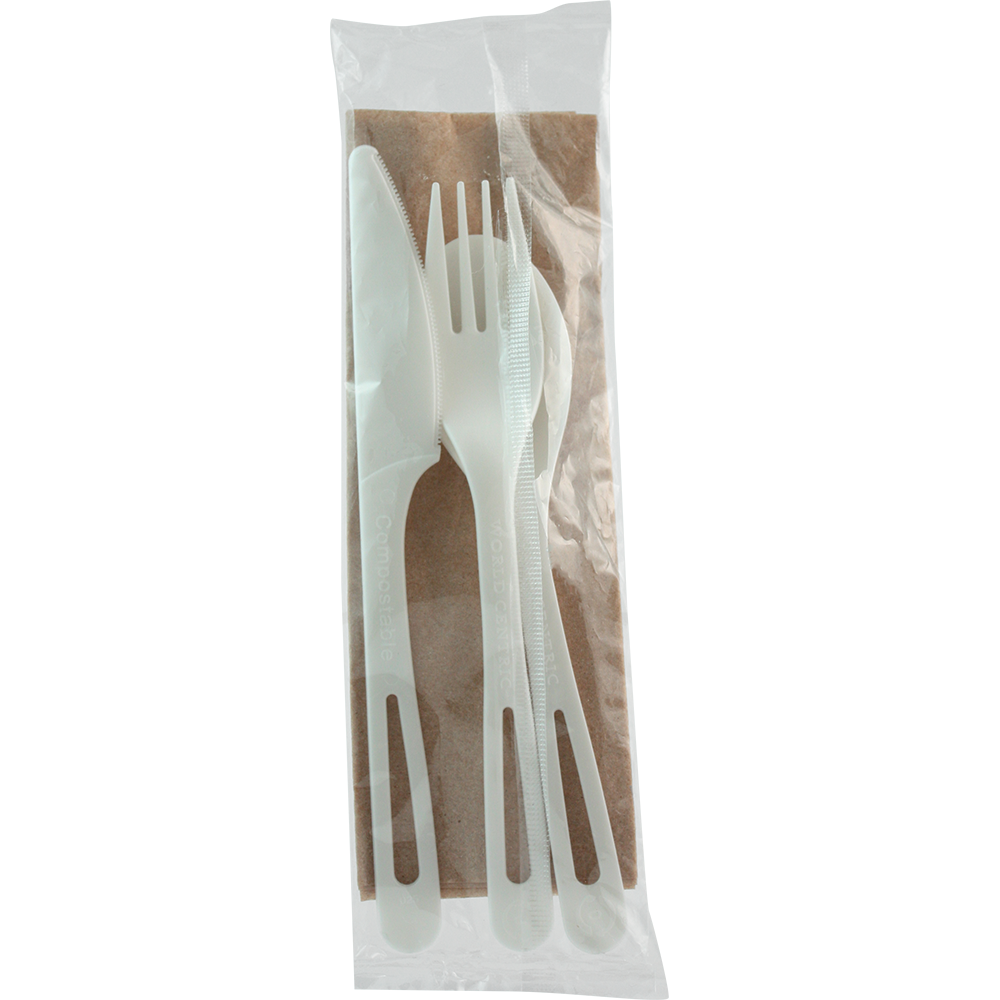 6" Assorted TPLA Cutlery with Napkin, Wrapped