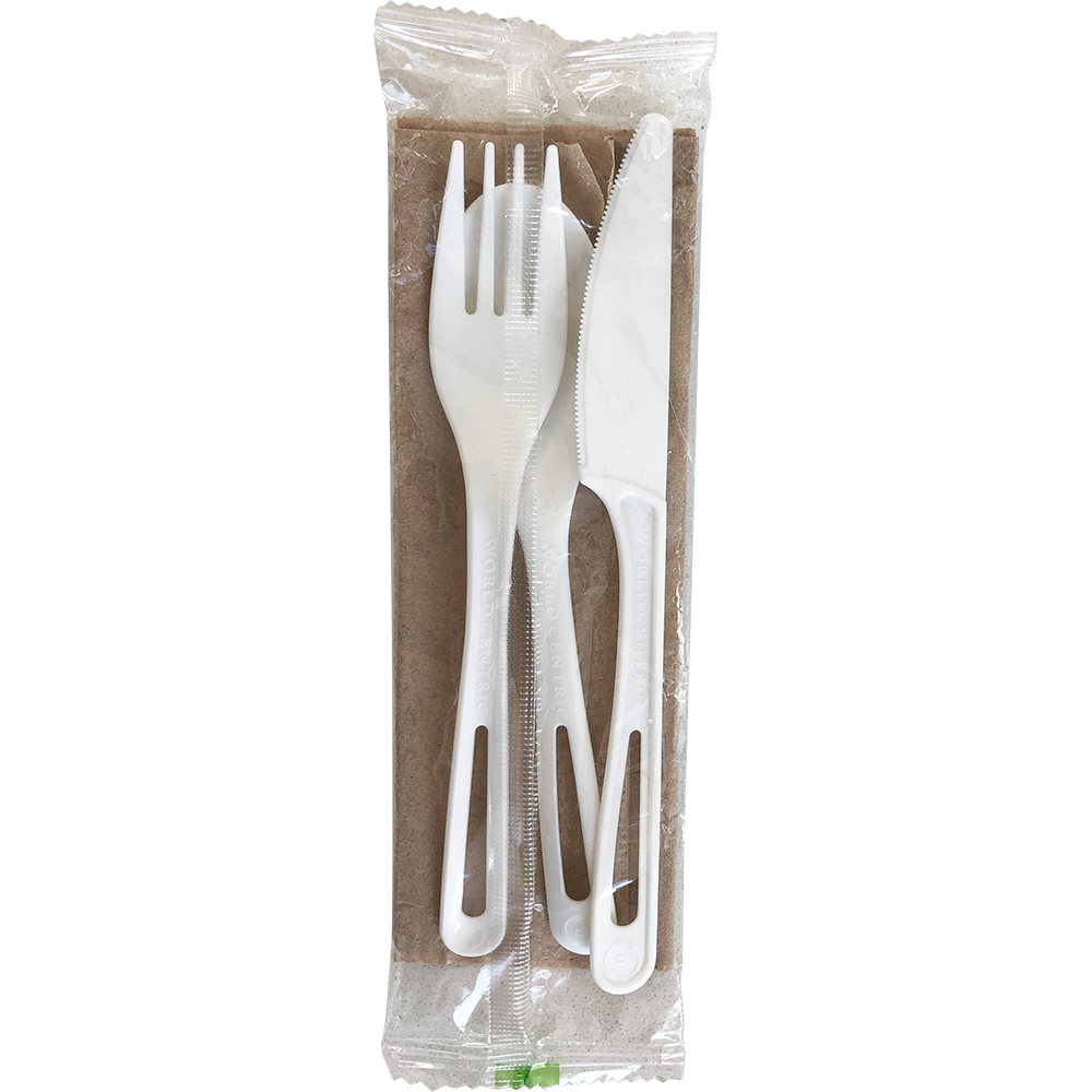 6" Assorted TPLA Ribbed Cutlery with Napkin, Wrapped