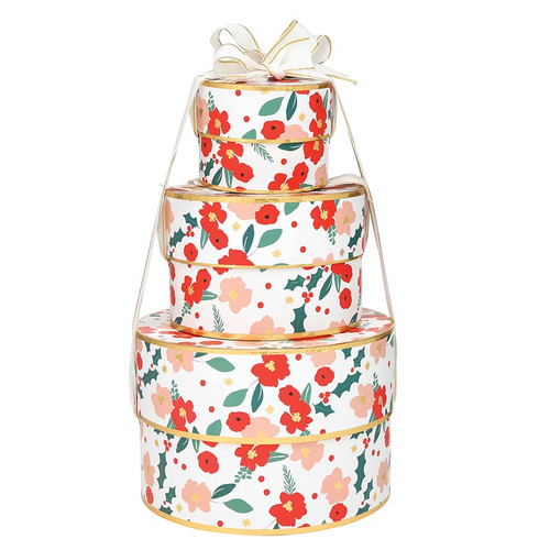 Nested Paper Gift Box Set - Red Christmas Floral - Set of 3