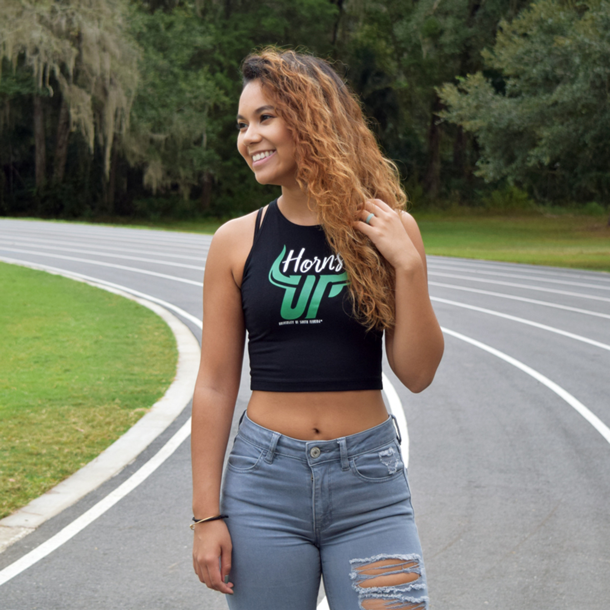 USF Ladies Horns Up Black Sleeveless Crop Top - South Florida Strong