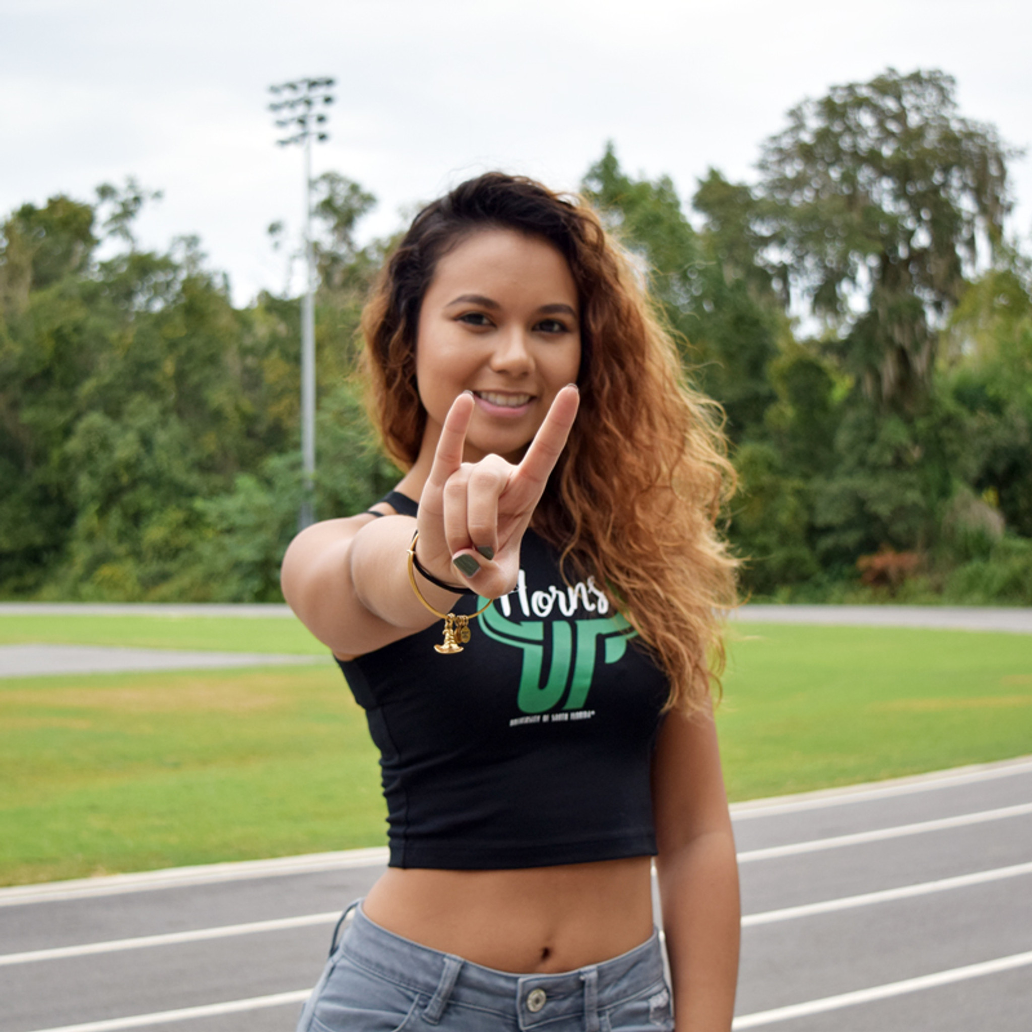 USF Ladies Horns Up Black Sleeveless Crop Top - South Florida Strong