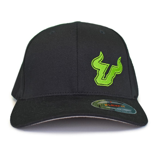 USF Logo Premium Slime Green Black Fitted Flex Hat Front View