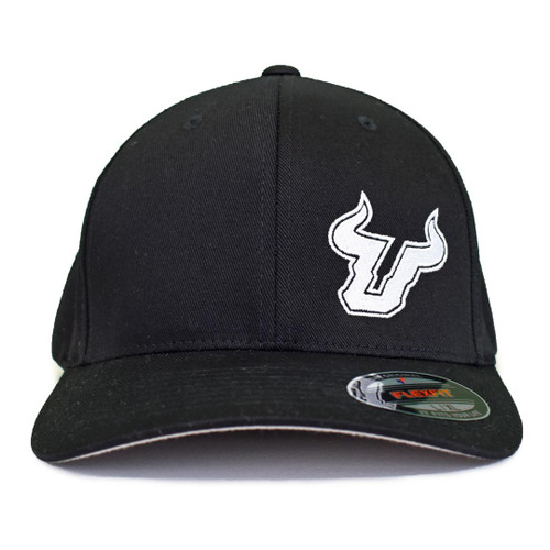 USF Logo Premium White Black Fitted Flex Hat Front View