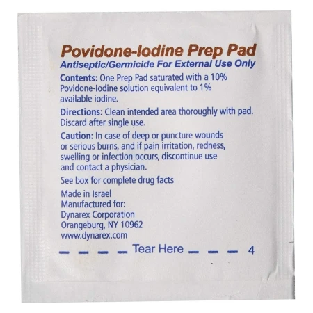 Dynarex PVP Prep Pad 10% Strength Povidone-Iodine Individual Packet Size Medium, Box of 100