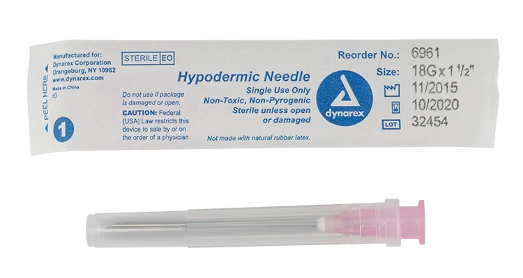 Dynarex Hypodermic Needle, Non-Toxic, Thin Wall, Box of 100