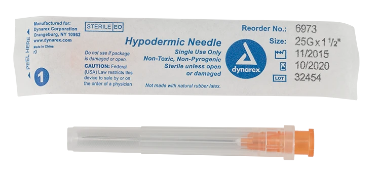 Dynarex Hypodermic Needle, Non-Toxic, Thin Wall, Box of 100