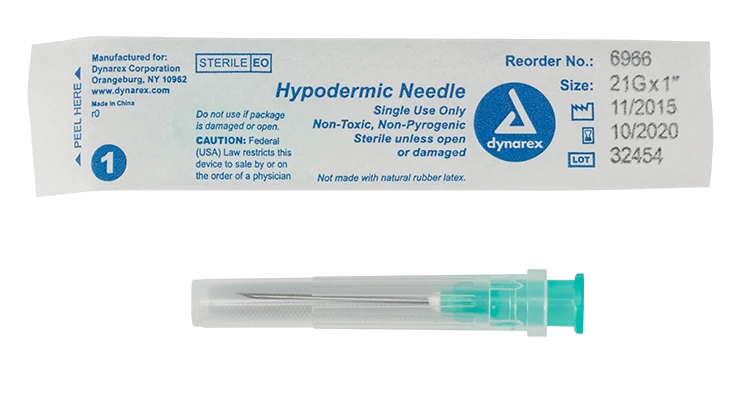 Dynarex Hypodermic Needle, Non-Toxic, Thin Wall, Box of 100