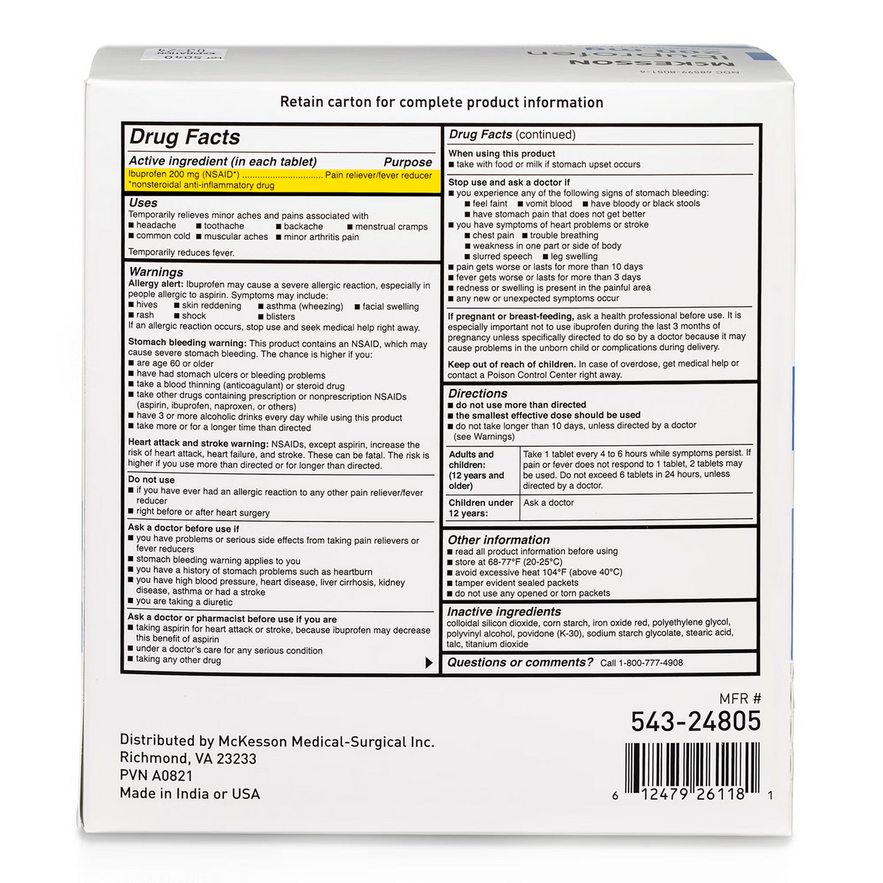 McKesson Pain Relief 200 mg Strength Ibuprofen , Individual Packet w/2 Tablets each. Box of 200 Packets